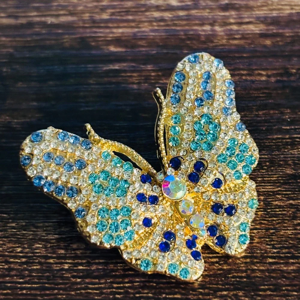 Gold Tone Blue Teal Rhinestone Butterfly Brooch Pin Statement Jewelry